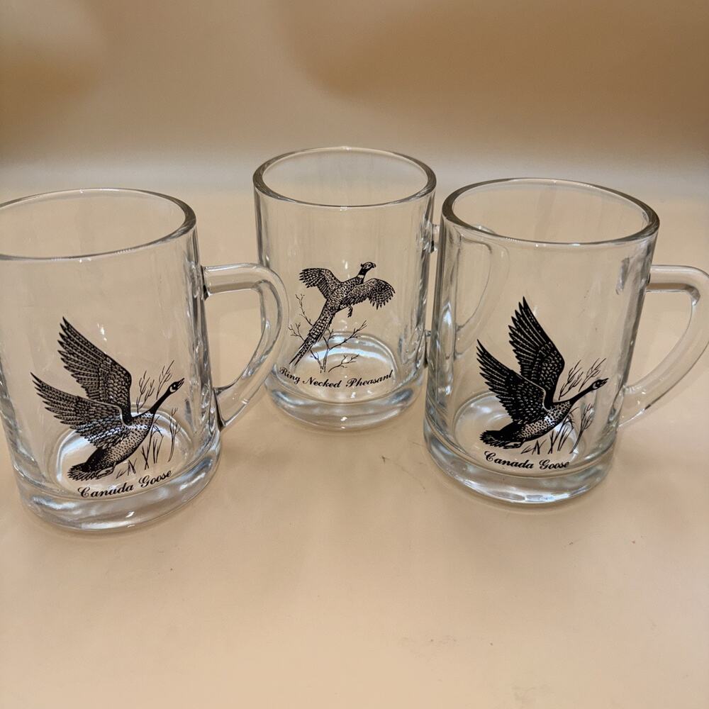 3-FEDERAL GLASS 2-Canada Goose & 1-ringneck Pheasant Glass Handle MUG 4.75"